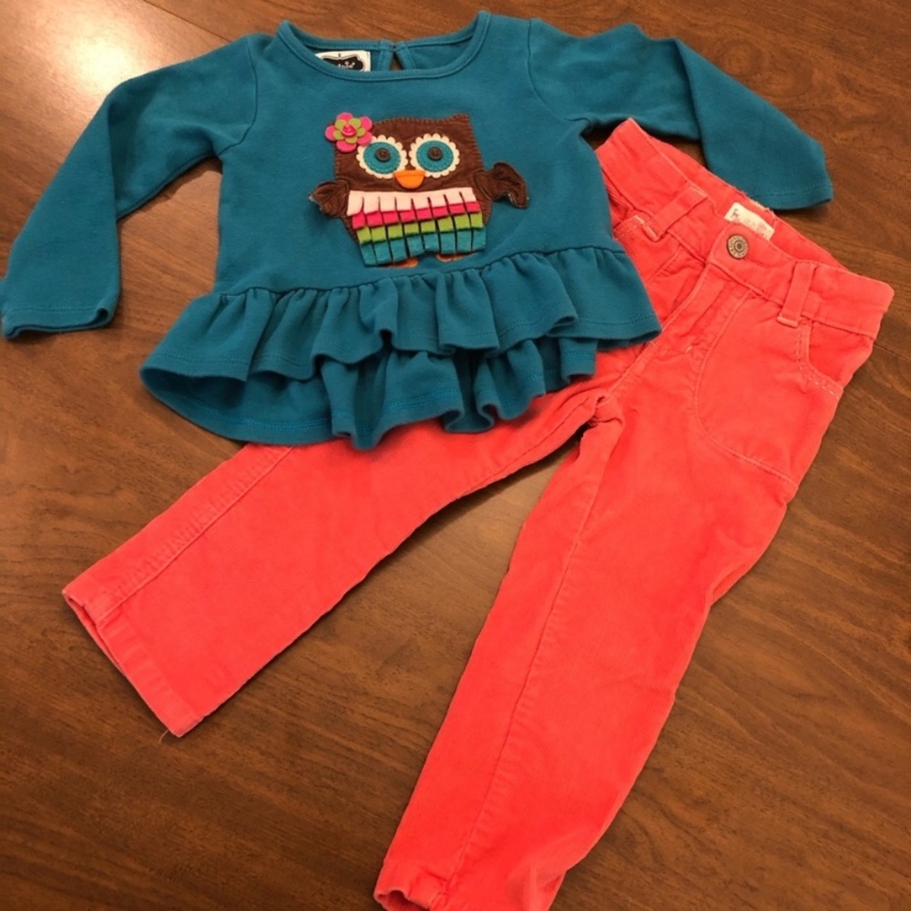 Girls Bundle Pink Corduroy Pants and Turquoise Owl Shirt with Ruffle - 2T